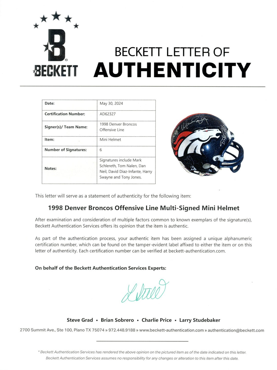 Tom Nalen Mark Schlereth +4 Signed Denver Broncos VSR4 Mini Helmet Beckett 55422