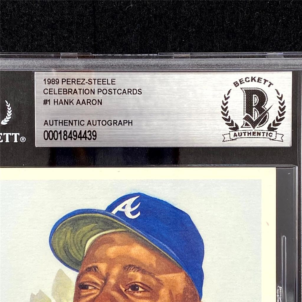 Hank Aaron signed 1989 Perez-Steele Celebration Postcard #1 auto ~ Beckett BAS