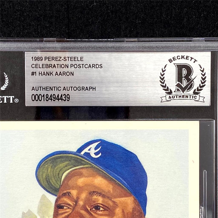 Hank Aaron signed 1989 Perez-Steele Celebration Postcard #1 auto ~ Beckett BAS