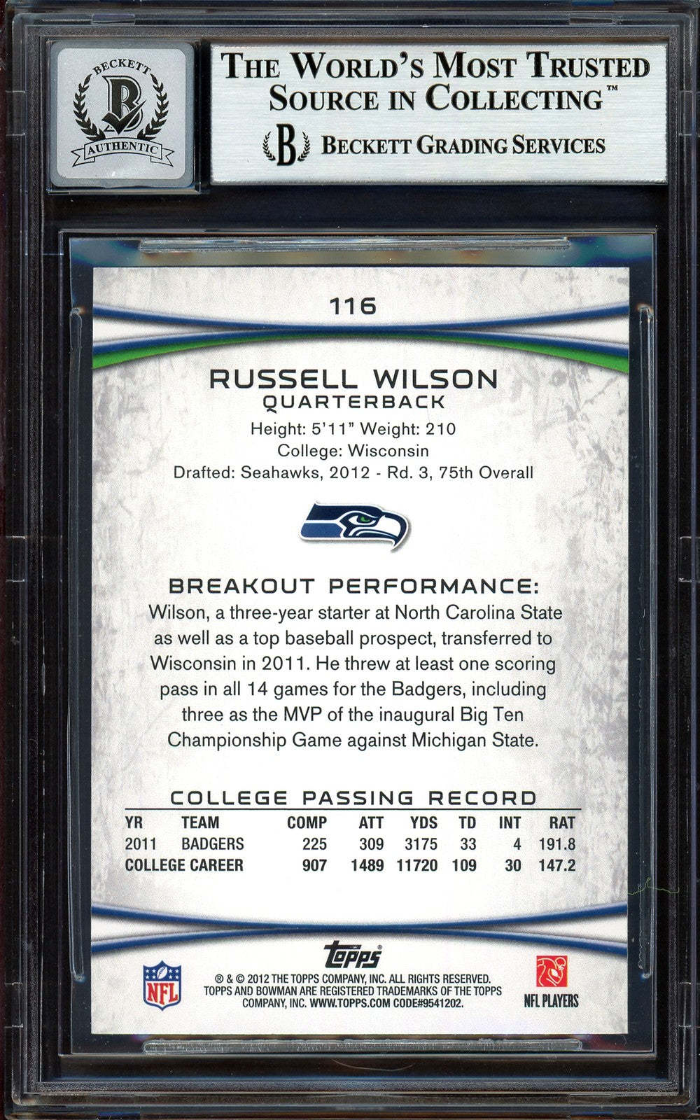 Russell Wilson Signed 2012 Bowman RC 116 Seahawks Auto GM 10 Beckett #13315342