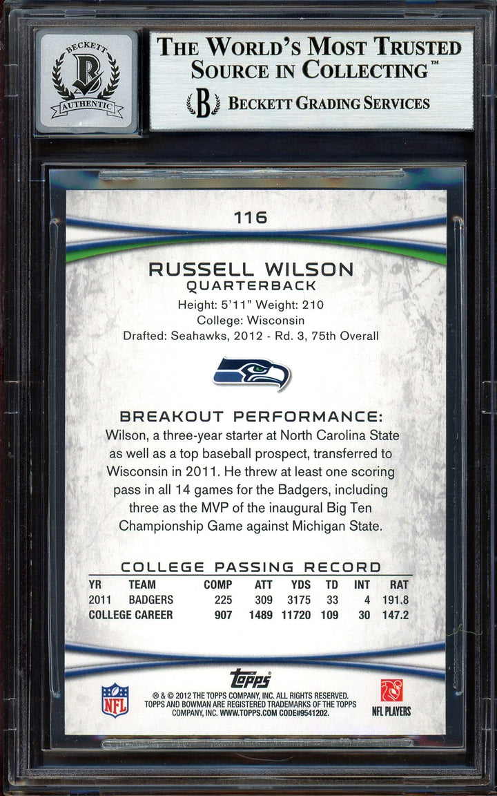 Russell Wilson Signed 2012 Bowman RC 116 Seahawks Auto GM 10 Beckett #13315342