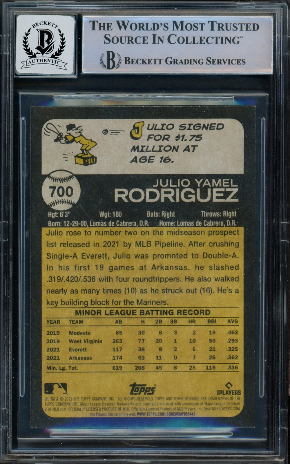 Julio Rodriguez Signed 2022 Topps Heritage RC 700 Mariners Auto GM 10 Beckett
