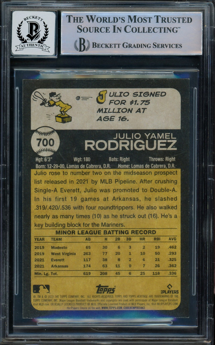 Julio Rodriguez Signed 2022 Topps Heritage RC 700 Mariners Auto GM 10 Beckett
