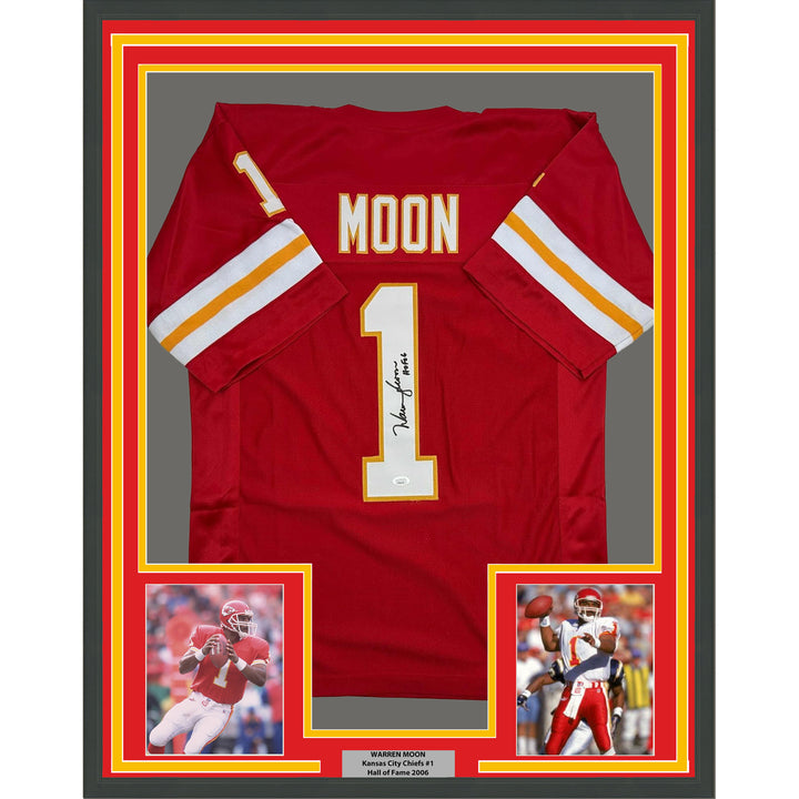 Framed Autographed/Signed Warren Moon 35x39 HOF Kansas City Red Jersey JSA COA