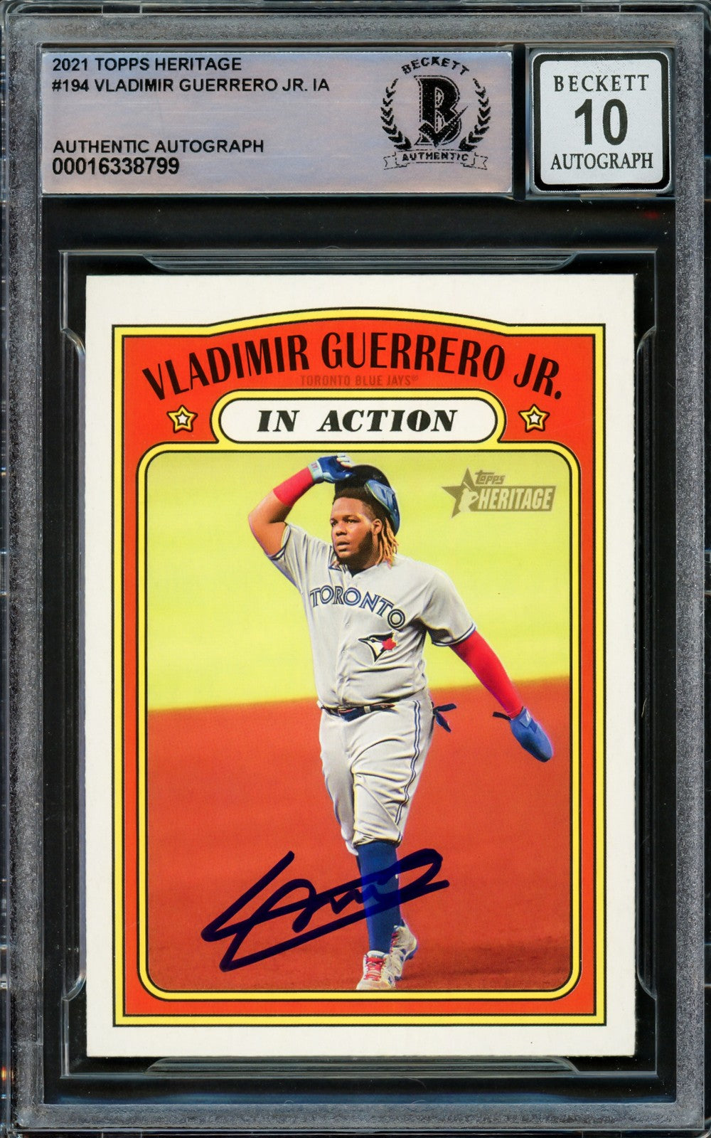 Vladimir Guerrero Jr Auto 2021 Topps Heritage Card 194 Blue Jays Auto 10 Beckett