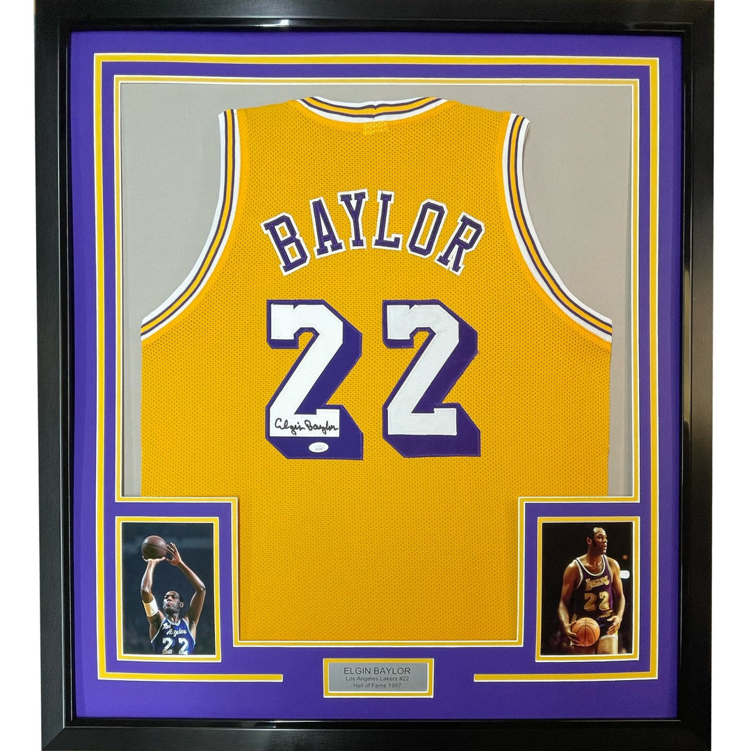 Framed Signed Elgin Baylor 35x39 Los Angeles Yellow Jersey JSA COA