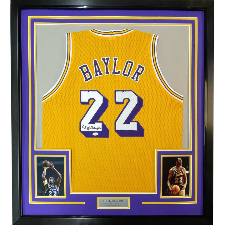 Framed Signed Elgin Baylor 35x39 Los Angeles Yellow Jersey JSA COA