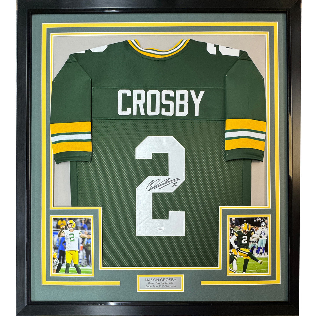 Framed Autographed/Signed Mason Crosby 35x39 Green Bay Green Jersey JSA COA