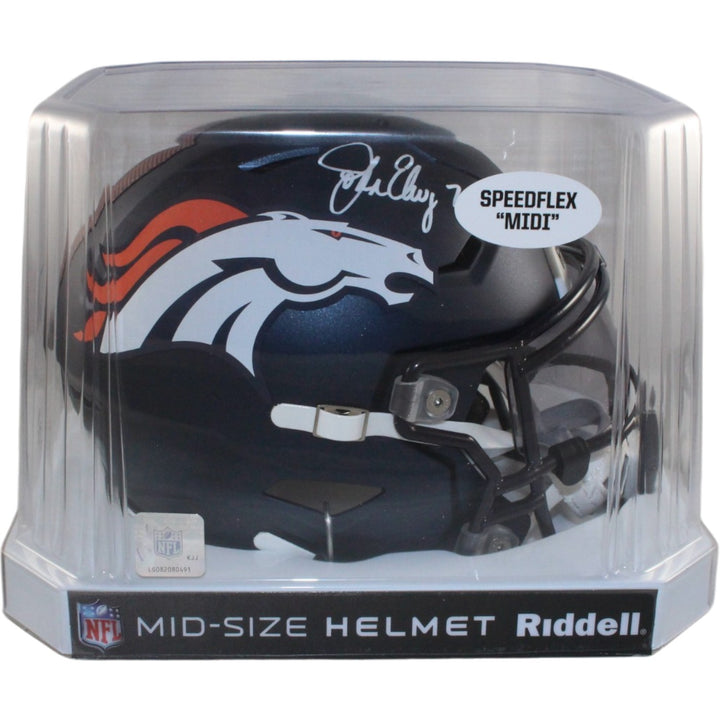 John Elway Autographed Denver Broncos Mid-Size Midi Helmet Beckett Witness 55226