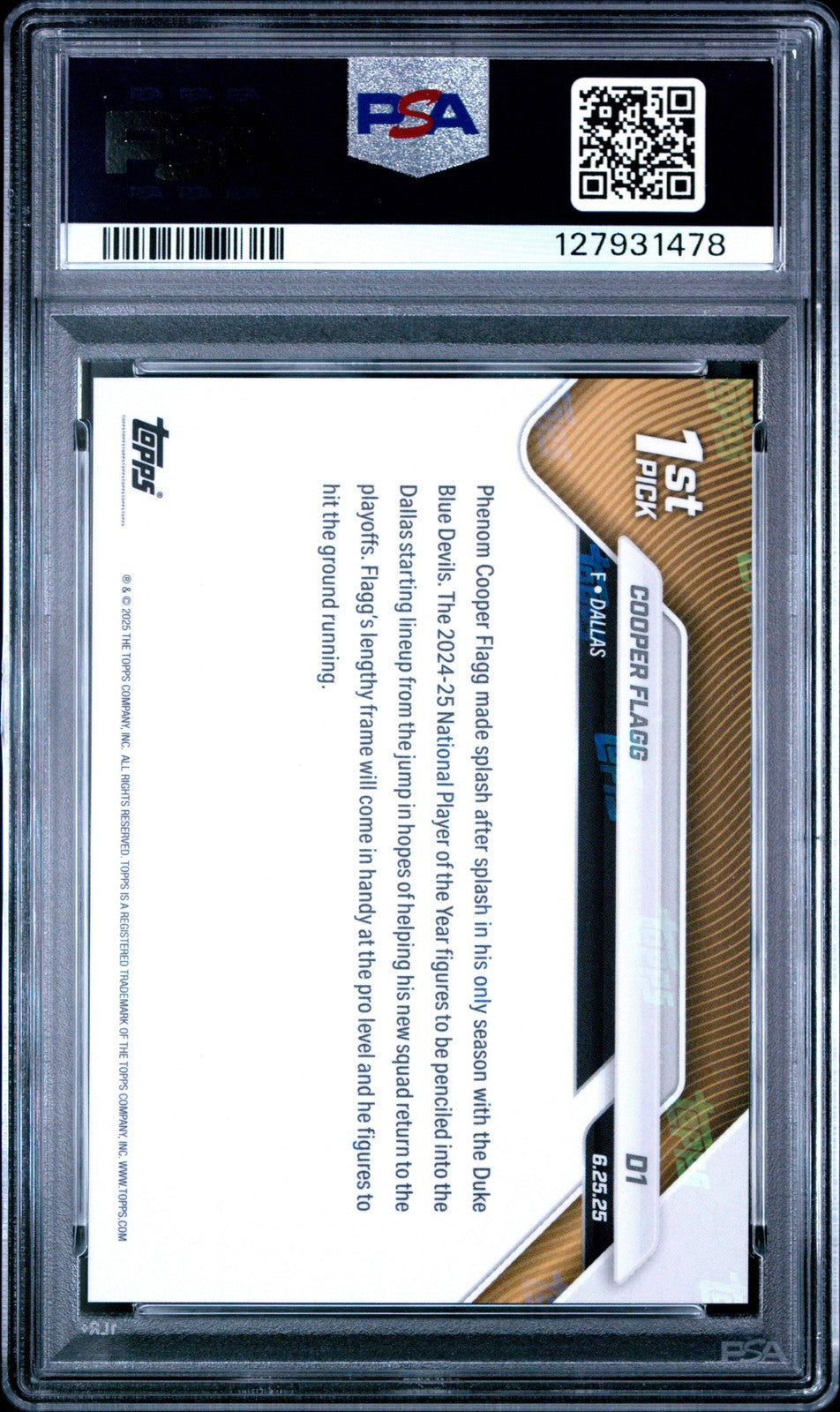 Graded 2025 Topps Now Cooper Flagg #D1 Draft Rookie RC Basketball Card PSA 9