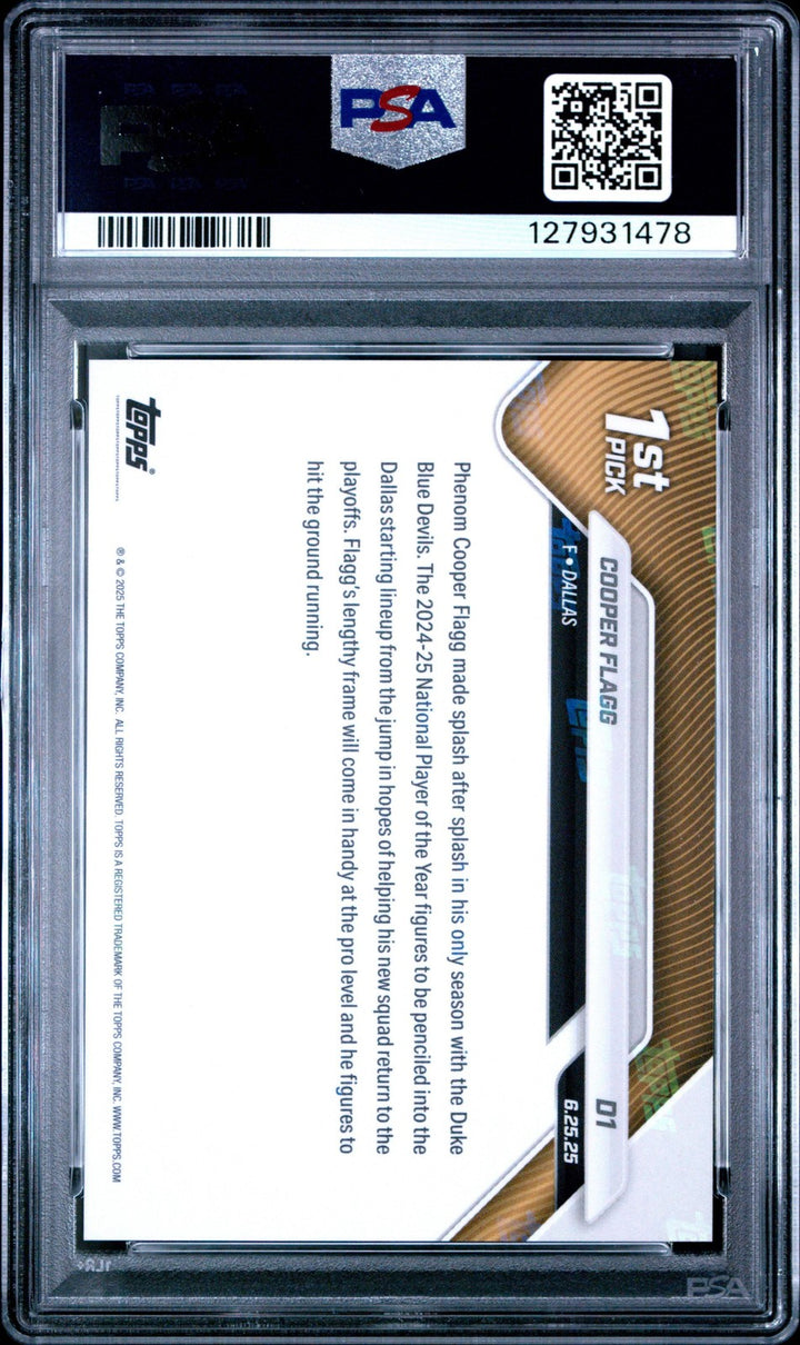 Graded 2025 Topps Now Cooper Flagg #D1 Draft Rookie RC Basketball Card PSA 9