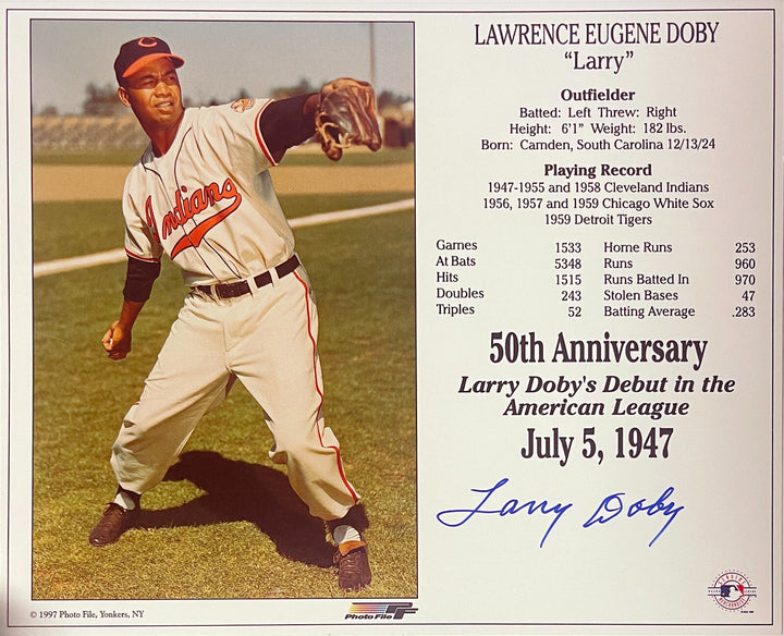Larry Doby signed Cleveland MLB 50th Anniversary AL Debut 8x10 Photo/Card- COA