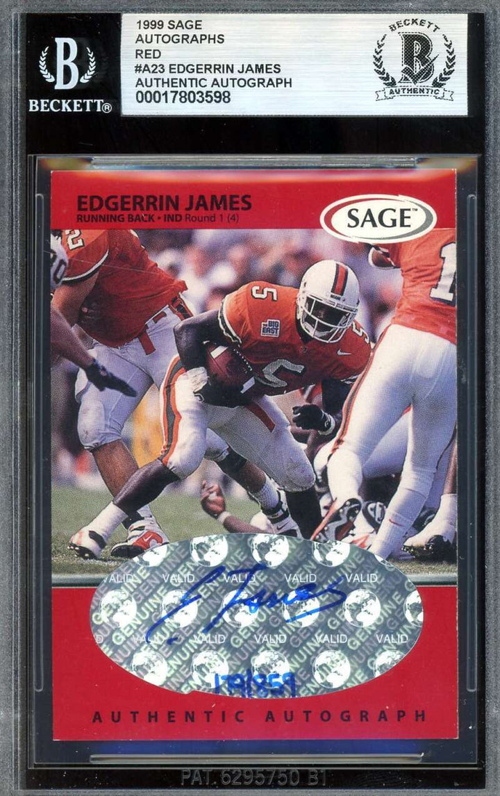 Edgerrin James Beckett BAS Signed 1999 Sage Red Rookie Autograph