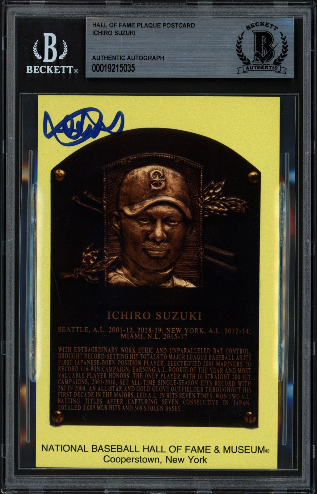 Ichiro Suzuki Signed HOF Plaque Postcard Seattle Mariners Postmark Beckett