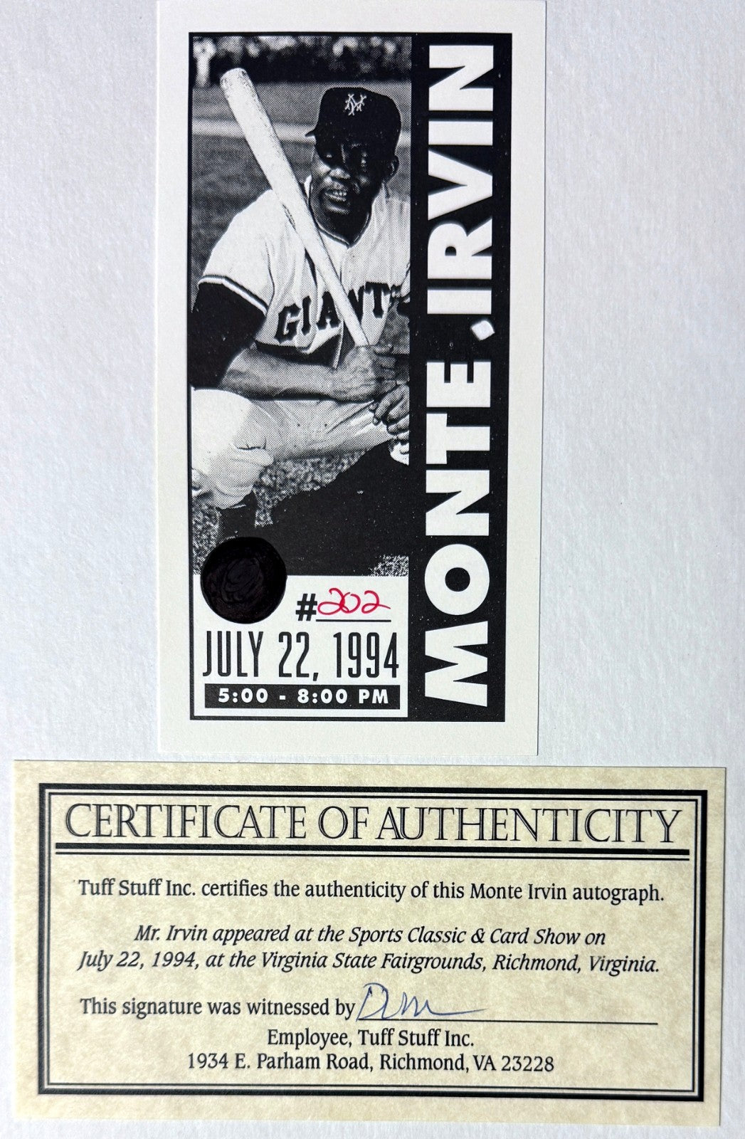Monte Irvin signed NY Giants Hall of Fame Induction Day 8x10 Photo Framed - COA
