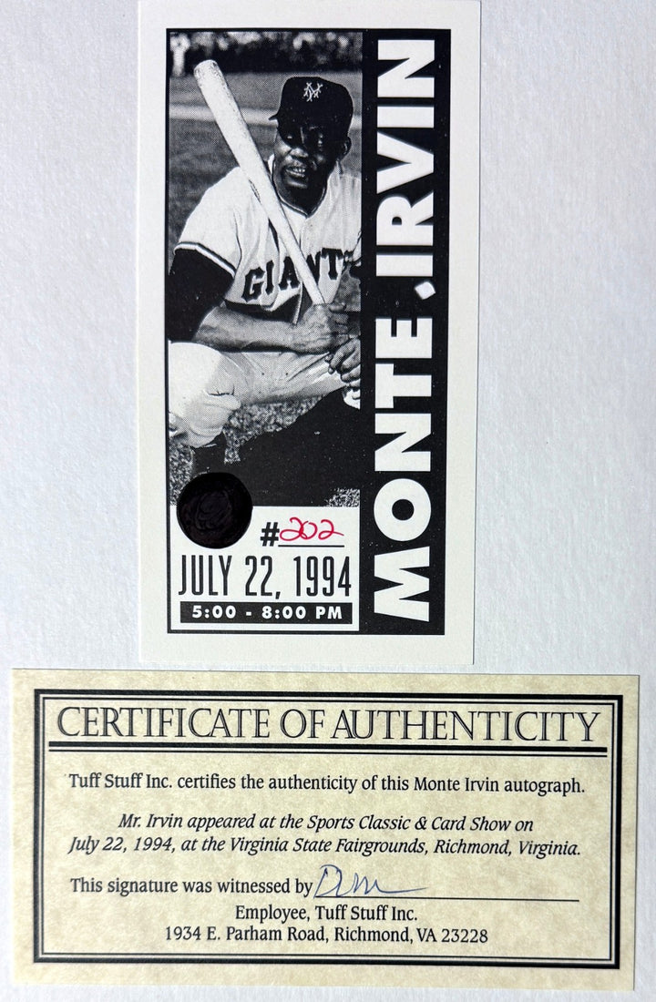 Monte Irvin signed NY Giants Hall of Fame Induction Day 8x10 Photo Framed - COA