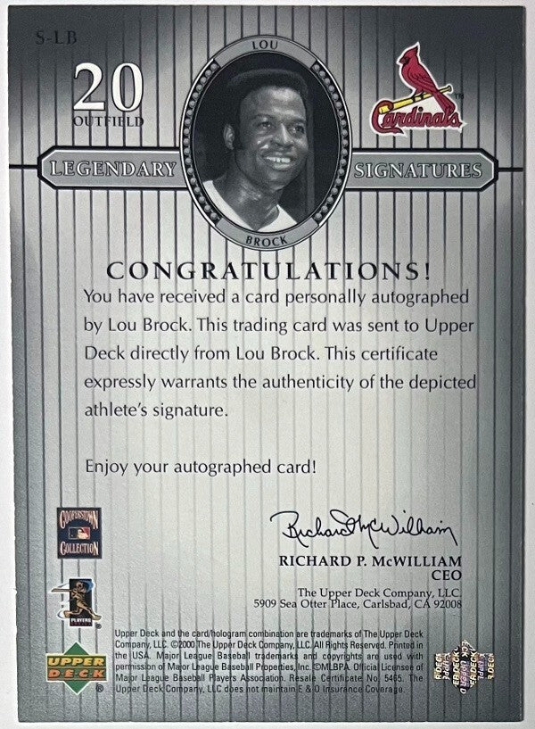 Lou Brock signed 2000 Upper Deck Legends Legendary Signatures On Card Auto #S-LB