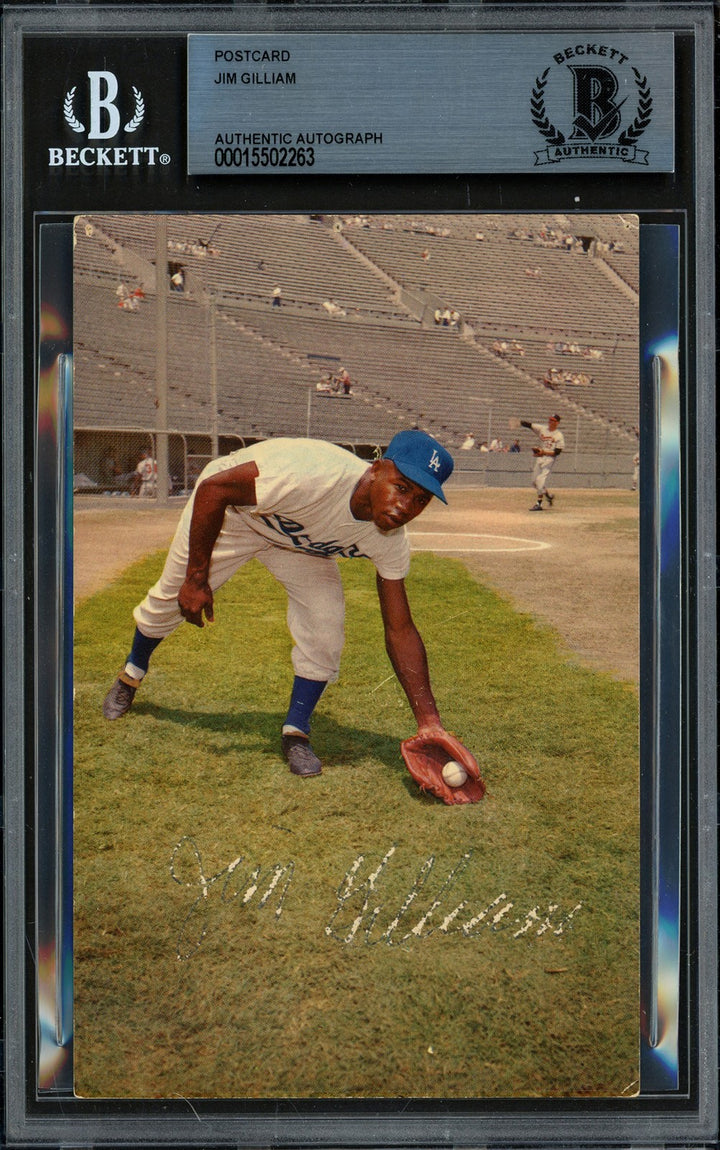 Jim Gilliam Auto Signed 1959 Mirro-Krome Postcard Dodgers (Damaged Sig) Beckett