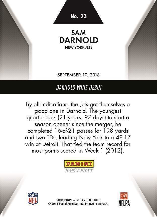 SAM DARNOLD WINS DEBUT PANINI INSTANT JETS NFL FOOTBALL ROOKIE CARD #23 VIKINGS