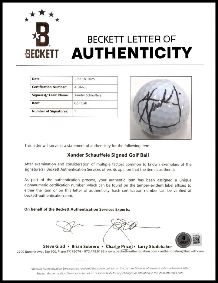 Xander Schauffele Autographed Pinnacle Sentry Golf Ball Beckett BAS #AE16633