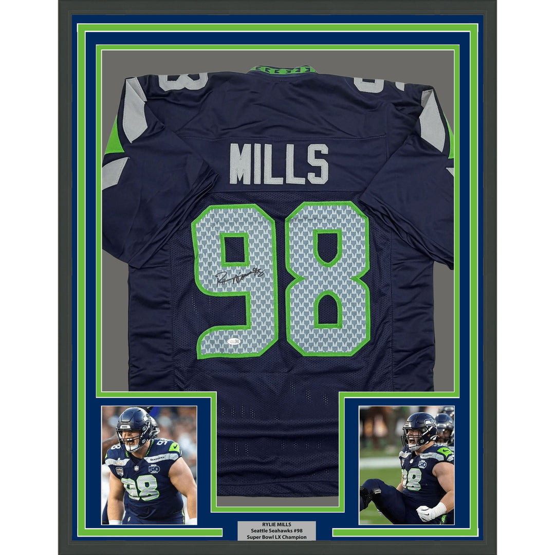 Framed Autographed/Signed Rylie Mills 35x39 Seattle Navy Jersey JSA COA