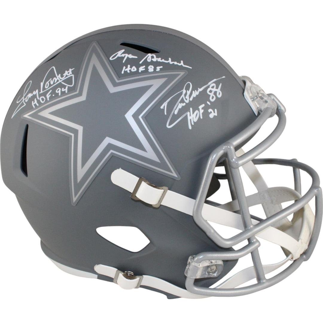 Pearson/Staubach/Dorsett Signed Dallas Cowboys Slate F/S Helmet HOF BAS 50059