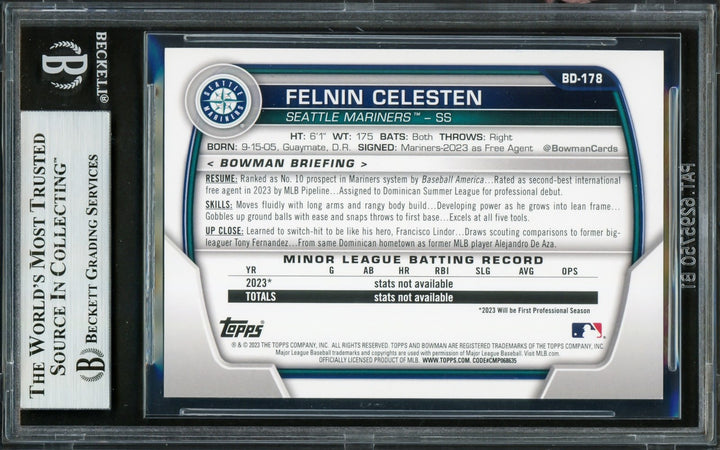 Felnin Celesten Signed 2023 Bowman Draft RC BD178 Seattle Mariners Beckett