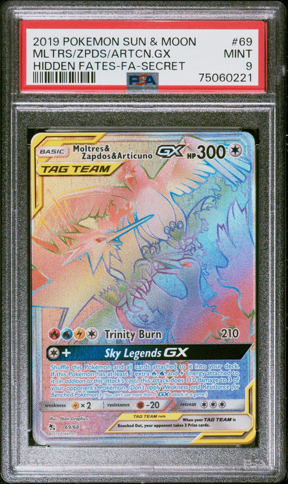Graded 2019 Pokemon Sun & Moon Moltres/Zapdos/Articuno GX #69 Card PSA 9 Mint