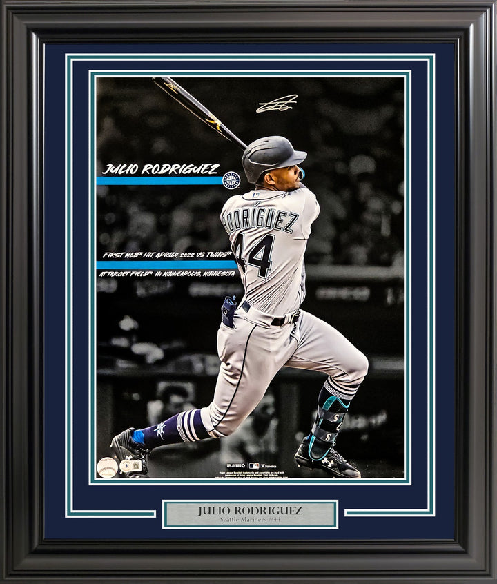 Julio Rodriguez Signed Framed 16x20 Photo Mariners 1st Hit Beckett BAS QR