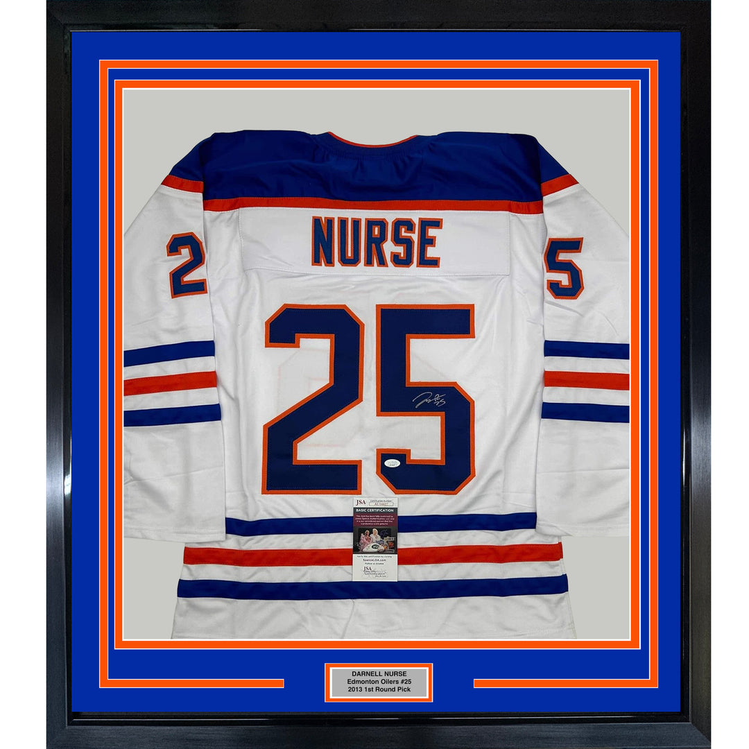 Framed Autographed/Signed Darnell Nurse 35x39 Edmonton White Jersey JSA COA