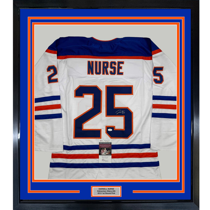 Framed Autographed/Signed Darnell Nurse 35x39 Edmonton White Jersey JSA COA