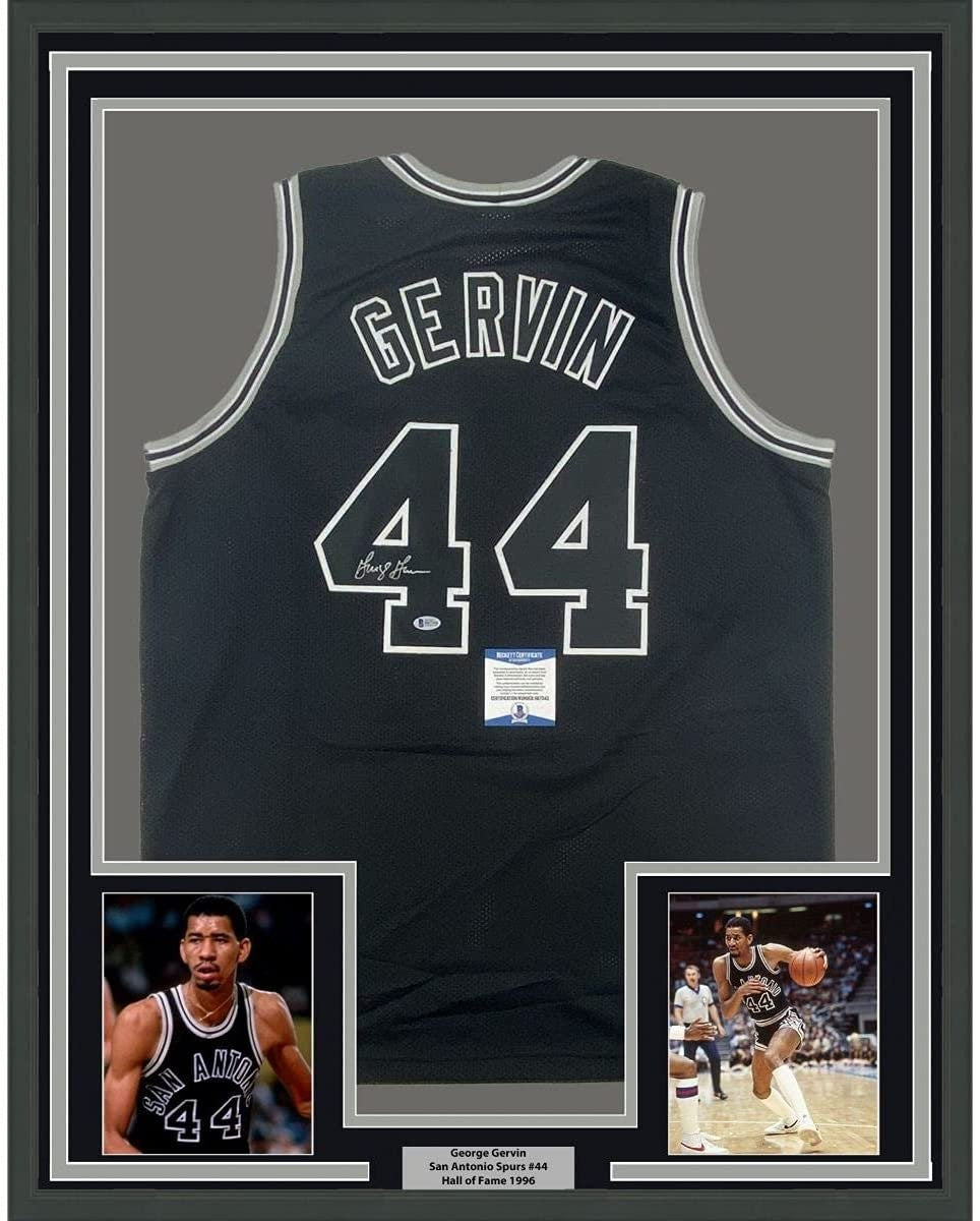 FRAMED Autographed/Signed GEORGE GERVIN 33x42 Black Jersey Beckett COA