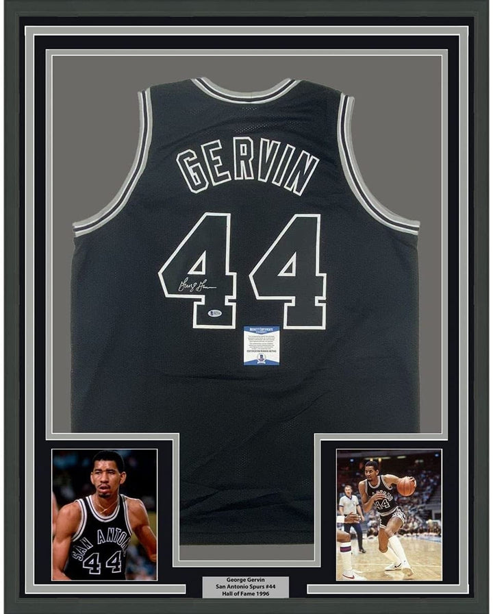 FRAMED Autographed/Signed GEORGE GERVIN 33x42 Black Jersey Beckett COA