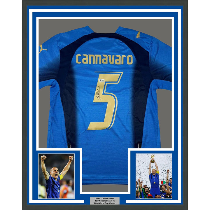 Framed Signed Fabio Cannavaro 35x39 Italy Blue Futbol Jersey BAS COA