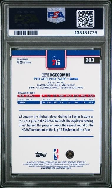 Graded 2025 Topps VJ Edgecombe #203 Rookie RC Card PSA 10 Gem Mint