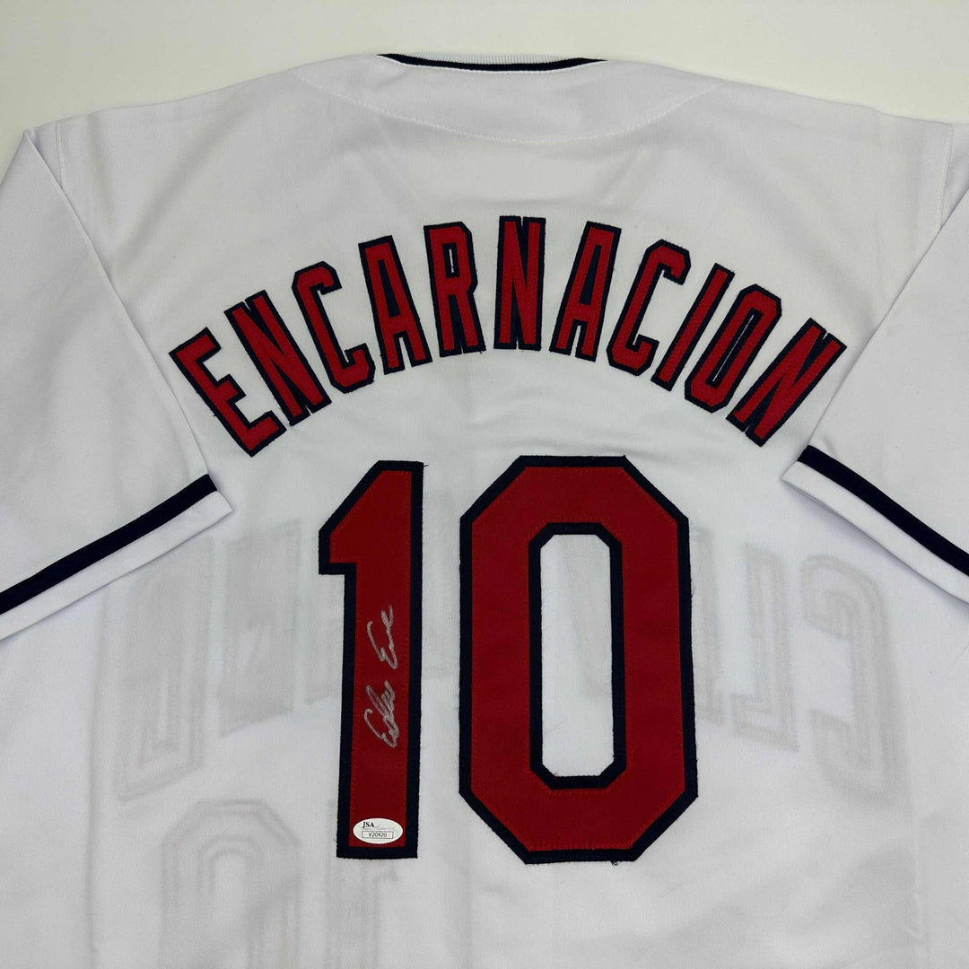 Autographed/Signed Edwin Encarnacion Cleveland White Jersey JSA COA
