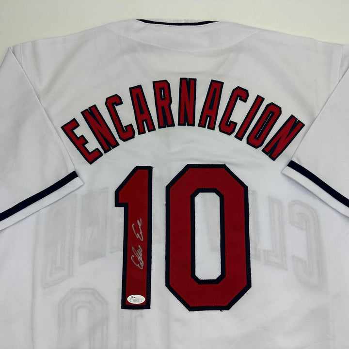 Autographed/Signed Edwin Encarnacion Cleveland White Jersey JSA COA