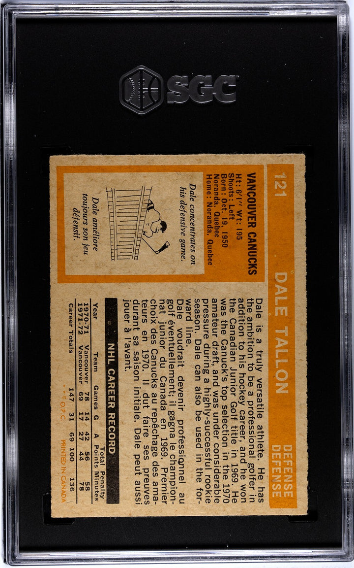 Dale Tallon 1972-73 O-Pee-Chee NHL Card #121- SGC Graded 9 Mint (Canucks)