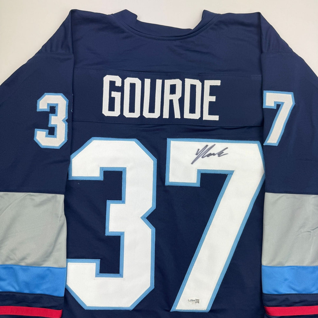 Autographed/Signed Yanni Gourde Seattle Blue Hockey Jersey JSA COA