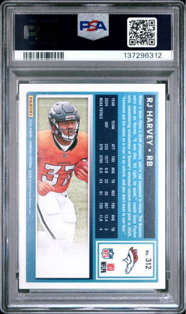 Graded 2025 Panini Donruss RJ Harvey #312 PP Silver /199 Rookie RC Card PSA 10