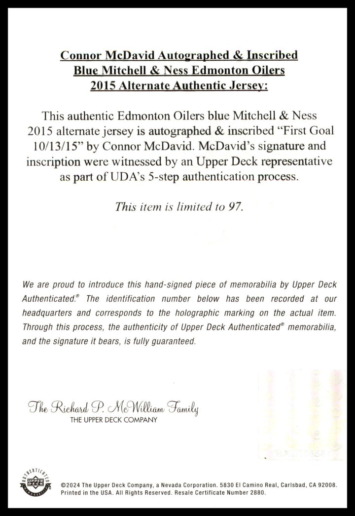 Oilers Connor McDavid Signed 2015 Alternate M&N Jersey "1st Goal" #/97 UDA Holo