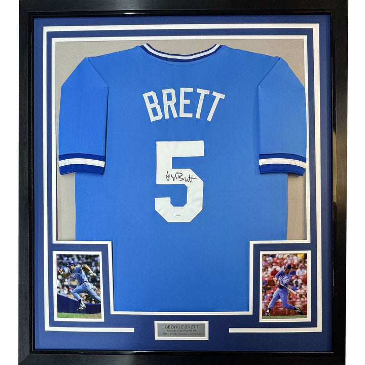 Framed Signed George Brett 35x39 Kansas City Blue Jersey JSA COA