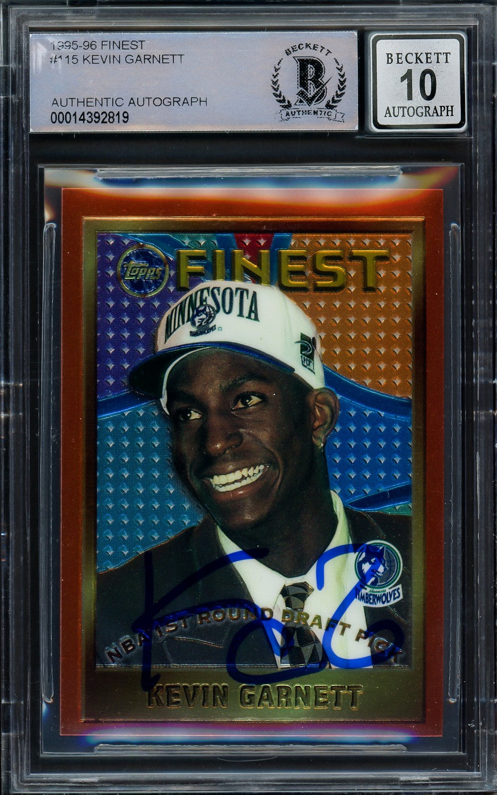 Kevin Garnett Signed 1995-96 Topps Finest RC 115 Timberwolves Auto 10 Beckett