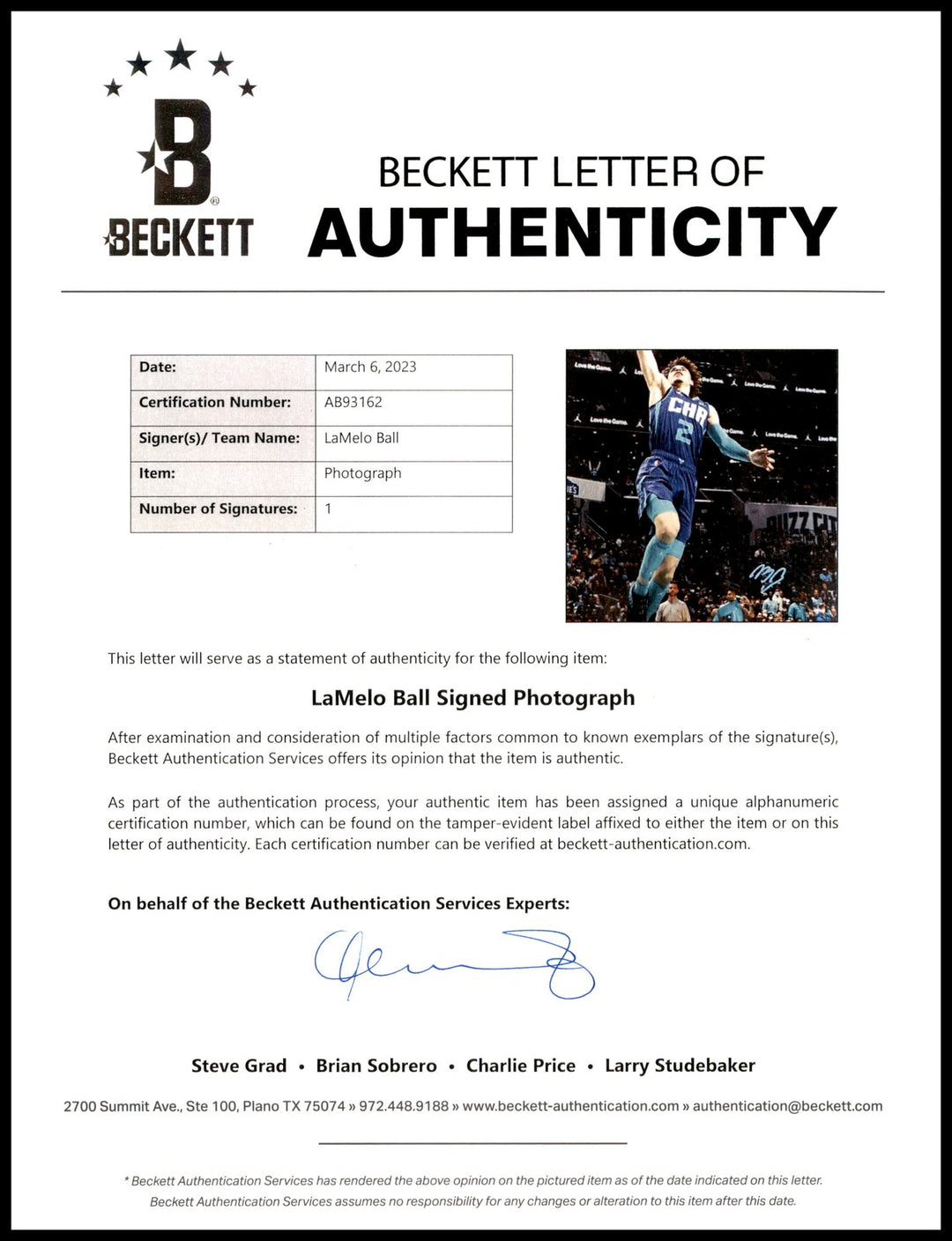 LaMelo Ball Autographed Signed 16x20 Photo Charlotte Hornets Beckett BAS