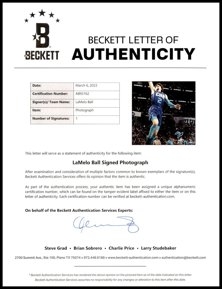 LaMelo Ball Autographed Signed 16x20 Photo Charlotte Hornets Beckett BAS