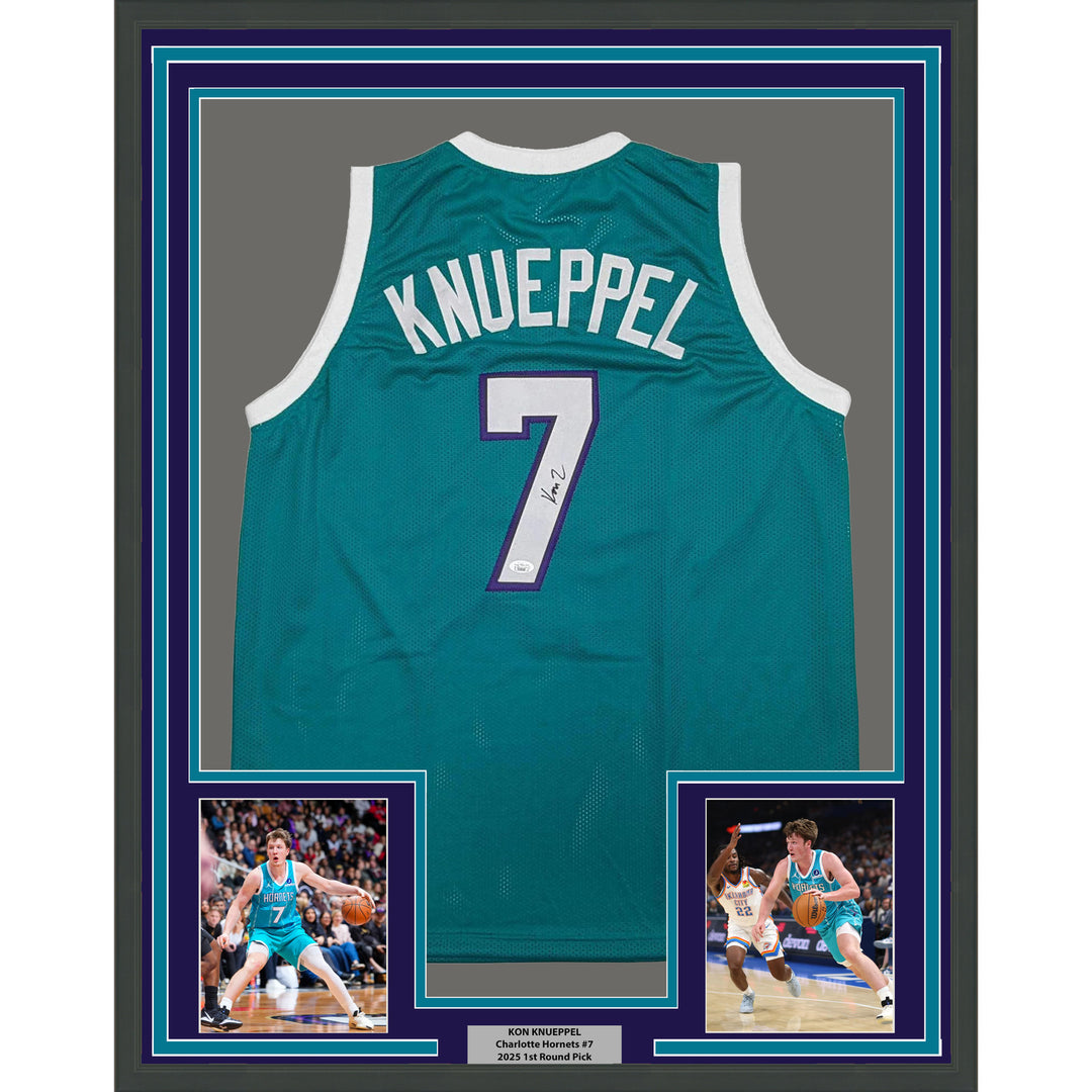 Framed Autographed/Signed Kon Knueppel 35x39 Charlotte Teal Jersey JSA COA