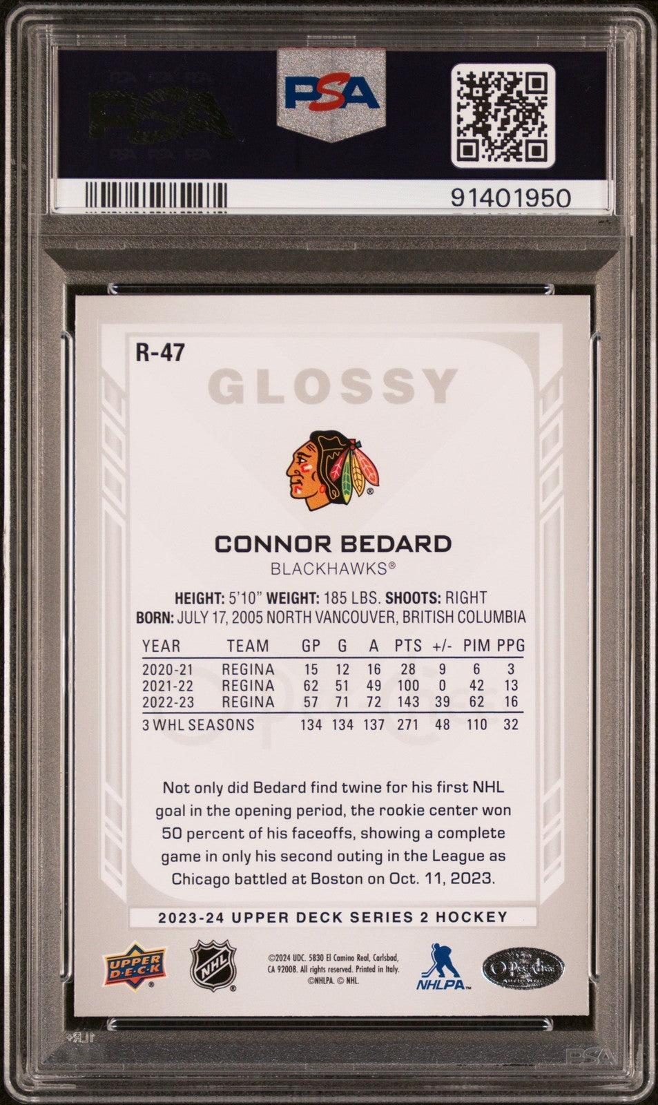 Graded 2023 Upper Deck Connor Bedard #R47 OPC Glossy Rookie Card PSA 10