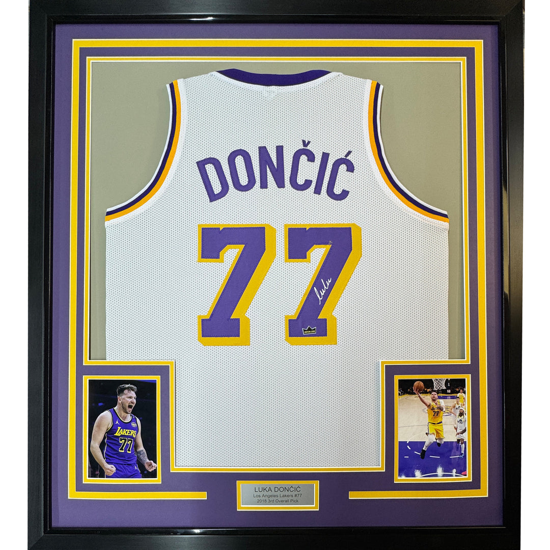 Framed Facsimile Autographed Luka Doncic 35x39 White Reprint Laser Auto Jersey