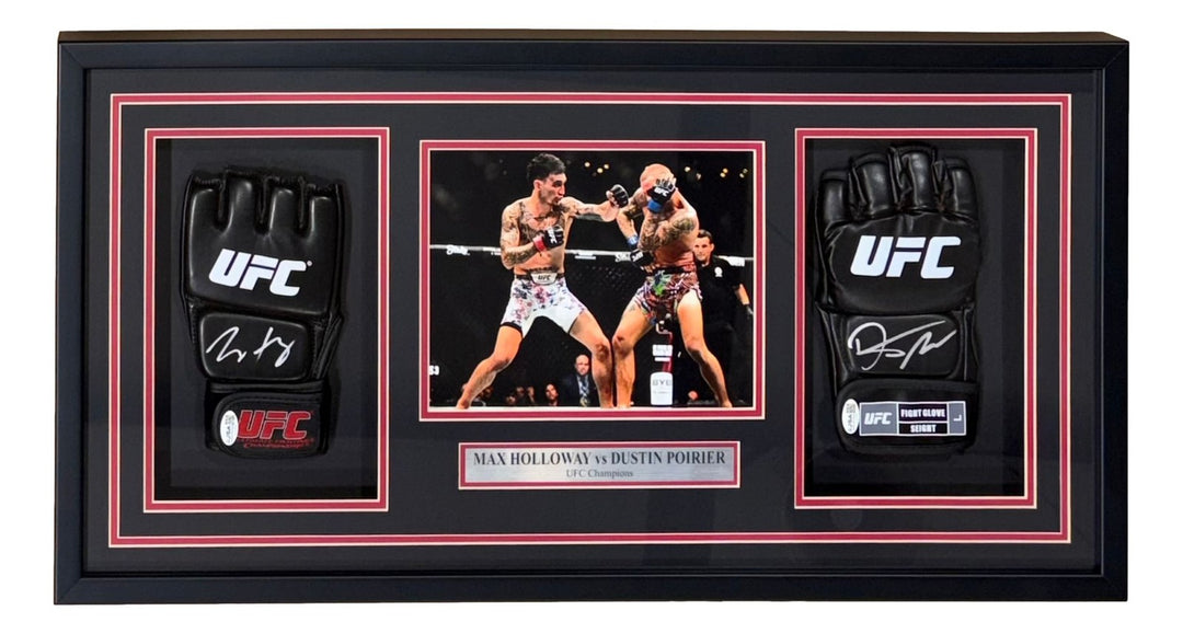 Dustin Poirier Max Holloway Signed UFC Replica Fight Gloves In Shadowbox JSA QR