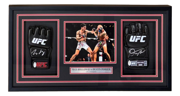 Dustin Poirier Max Holloway Signed UFC Replica Fight Gloves In Shadowbox JSA QR